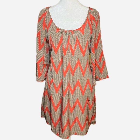 GLAM Orange & Teal Chevron Print Bell Sleeve Tunic Dress Size S - Picture 1 of 8